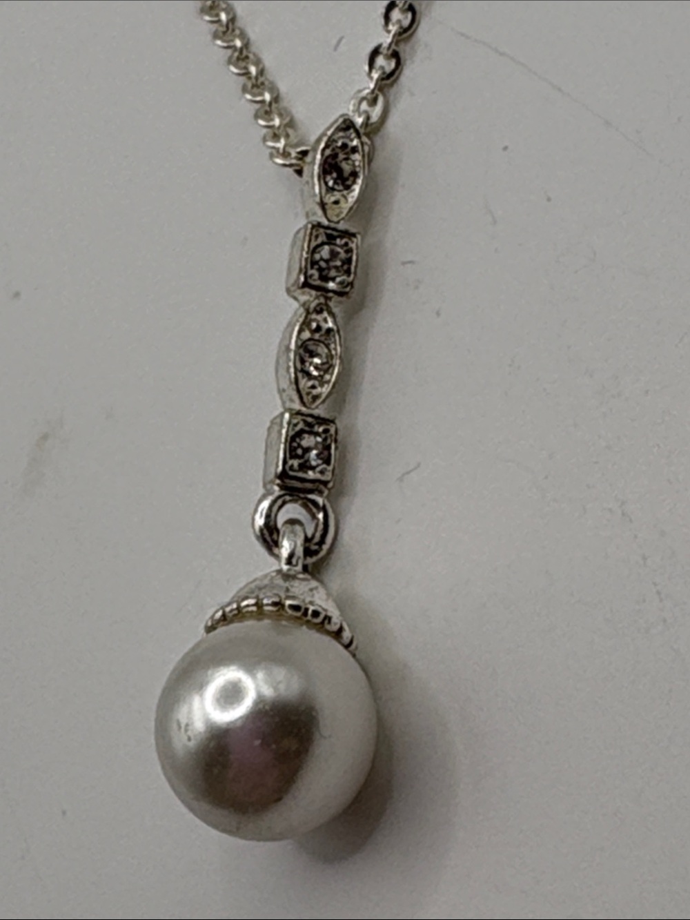 Avon Silver Pearl Drop Necklace with Crystal Accents 15-17”